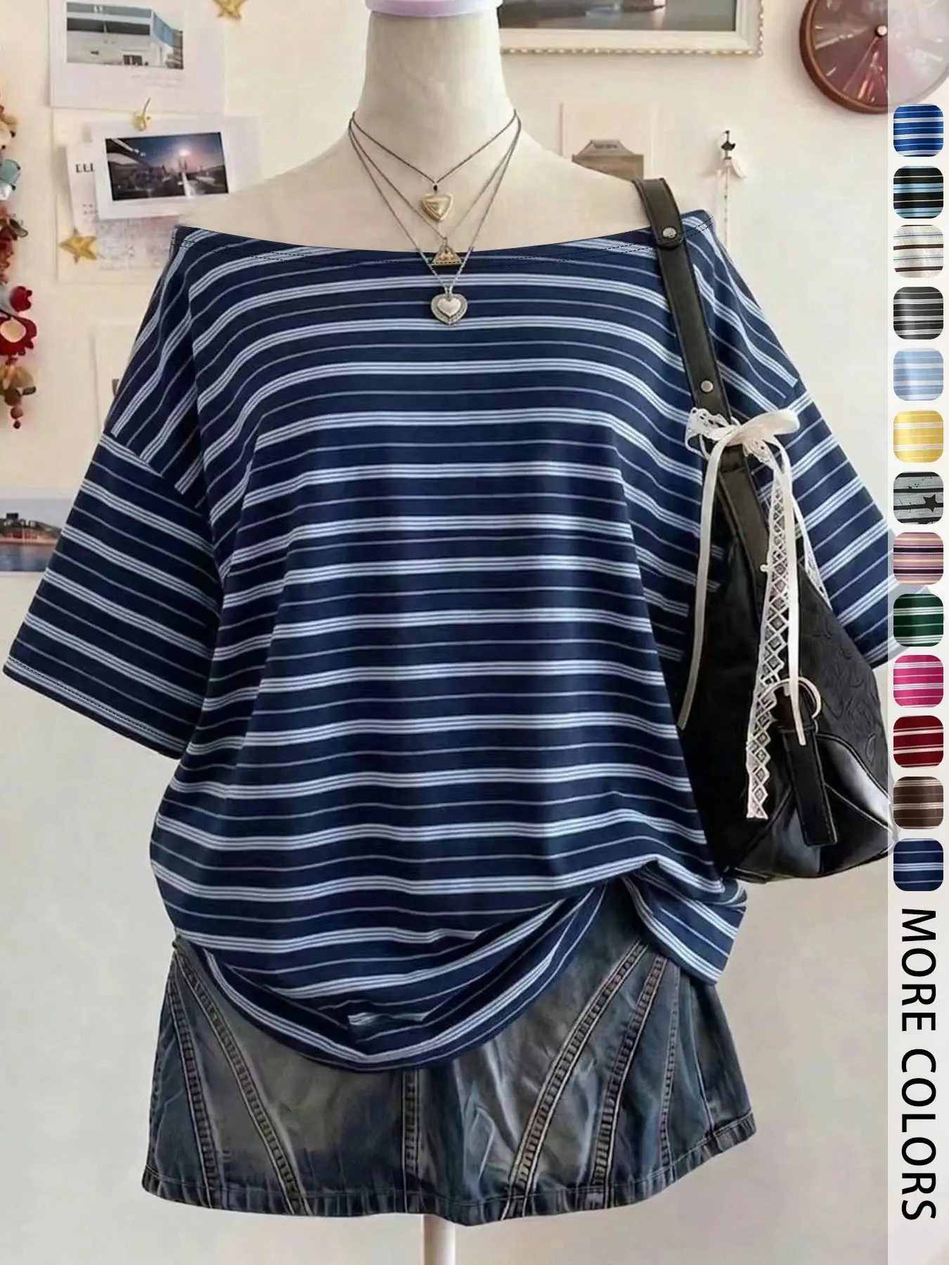 Women's Off-Shoulder Striped T-Shirt, Casual Loose Short-Sleeve Top, Suitable For Shopping, Vacation And Daily Outings