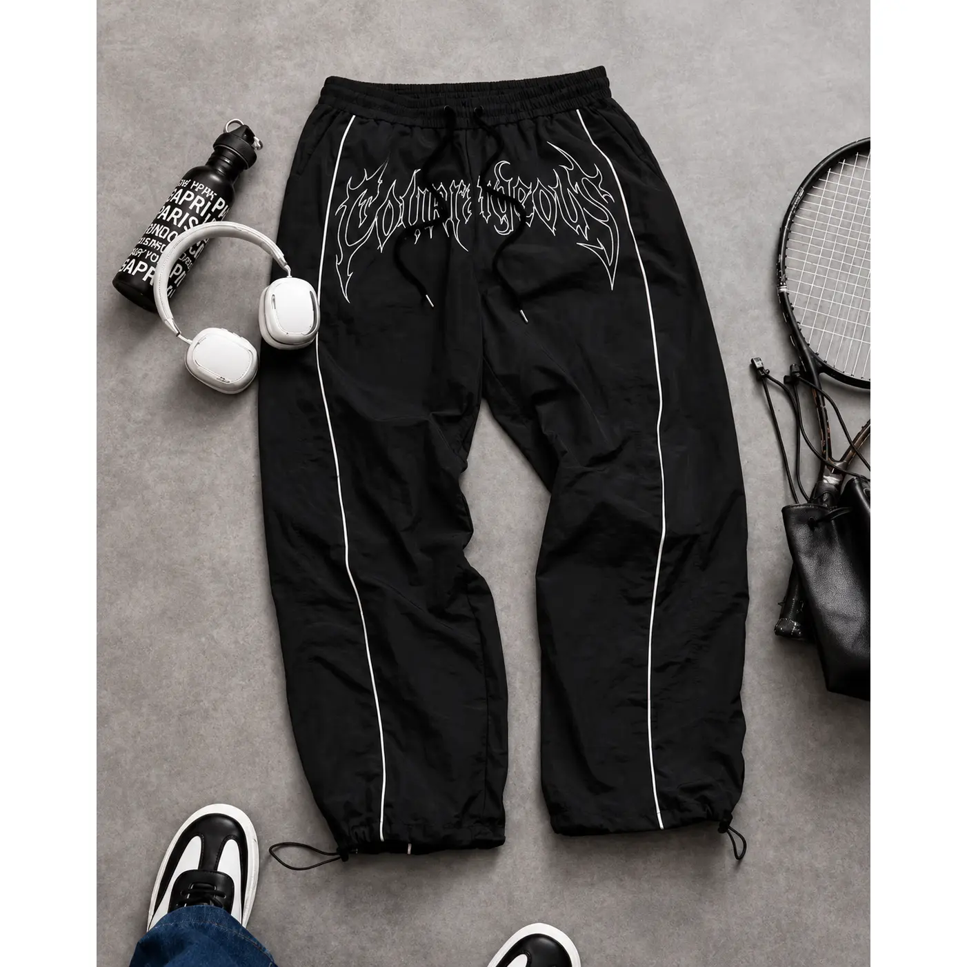 Men's Cyber Y2K Wide Leg Track Pants Piping Trim Graphic Print Drawstring Cinchable Hem Trousers Baggy Outdoor Sportswear Outerwear cozy soft cool clean chic active sporty premium classic stylish durable trendy relaxed comfy modern vibe urban fresh hype