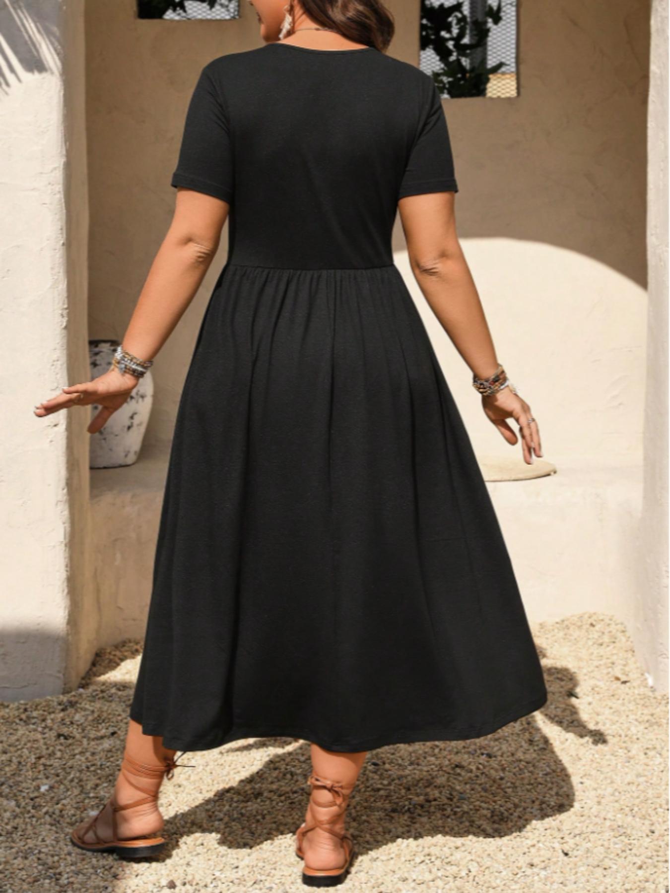 Plus Size V-Neck Ruched Fitted Bra Top Short Sleeve Midi Dress, Casual Summer Flowy A-Line Skirt, Women's Fashion Clothing