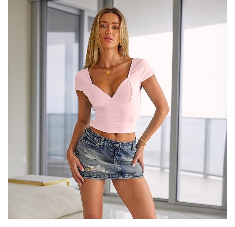 Trendy Queen women Deep V-Neck Backless Tops Short Sleeve Slim Fit T-Shirts Basic Y2K Tops Bustier Corset Cami 2025