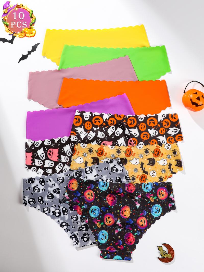 5/7/10 pieces set, Underwear sets, Halloween themed wavy edge women's panties with pumpkin skull all-over print triangle underwear, slim fit, comfortable, suitable for festivals and daily wear in all seasons
