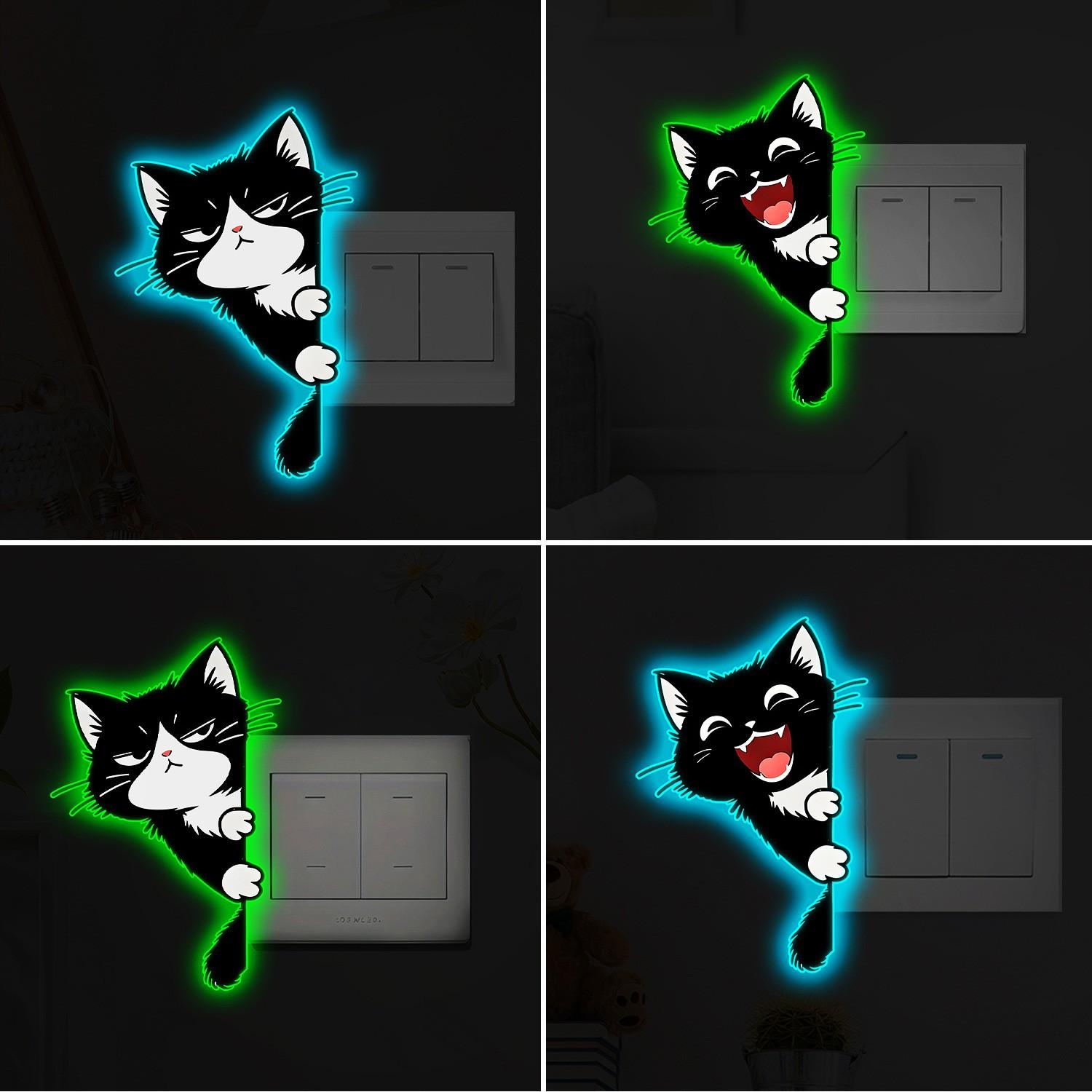 2 Pack Glow-In-The-Dark Cat Switch Wall Sticker, Luminous Waterproof Kitty Pattern Decals, Fun Decor for Bedroom & Living Room