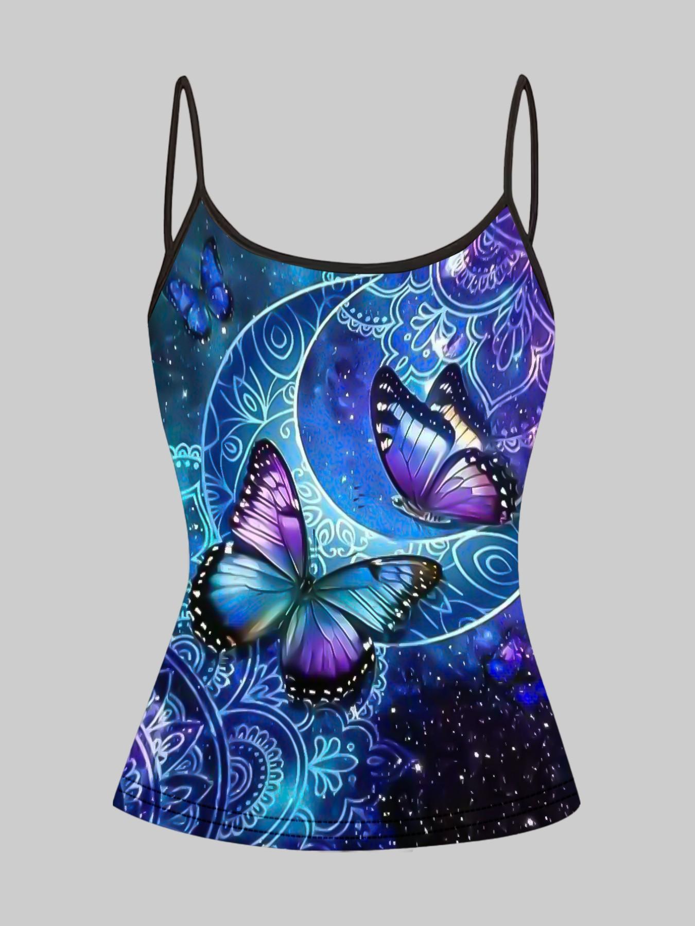 Butterfly Heart Print Adjustable Straps, Casual Sleeveless Slim-Fit Top, Home Wear & Outerwear, 4-Piece Set