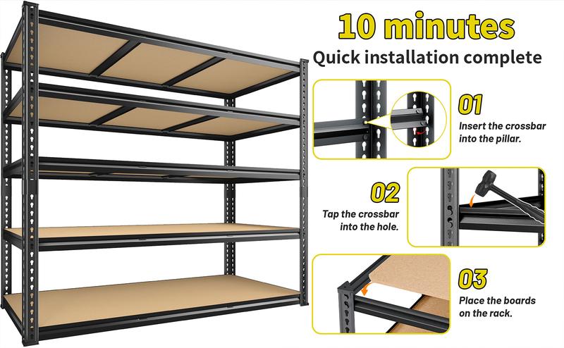 48" W Garage Shelving 3000LBS Heavy Duty Garage Storage Shelves, 5 Tier Adjustable Metal Shelving Unit Utility Rack Shelf for Warehouse, Pantry, Closet, Kitchen , Black