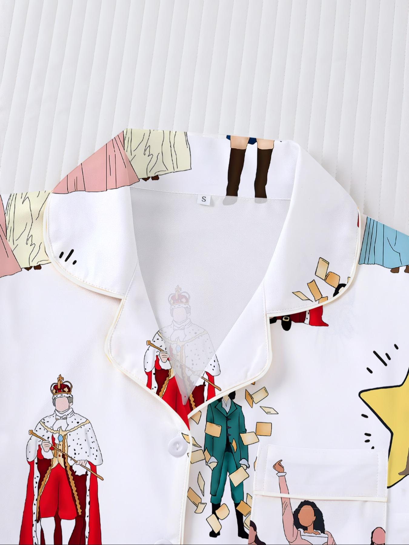Hamilton Musical Print Women's Pajama Set, Long Sleeve Shirt Collar Button Soft Top & Elastic Pants, Casual Home Wear Loungewear