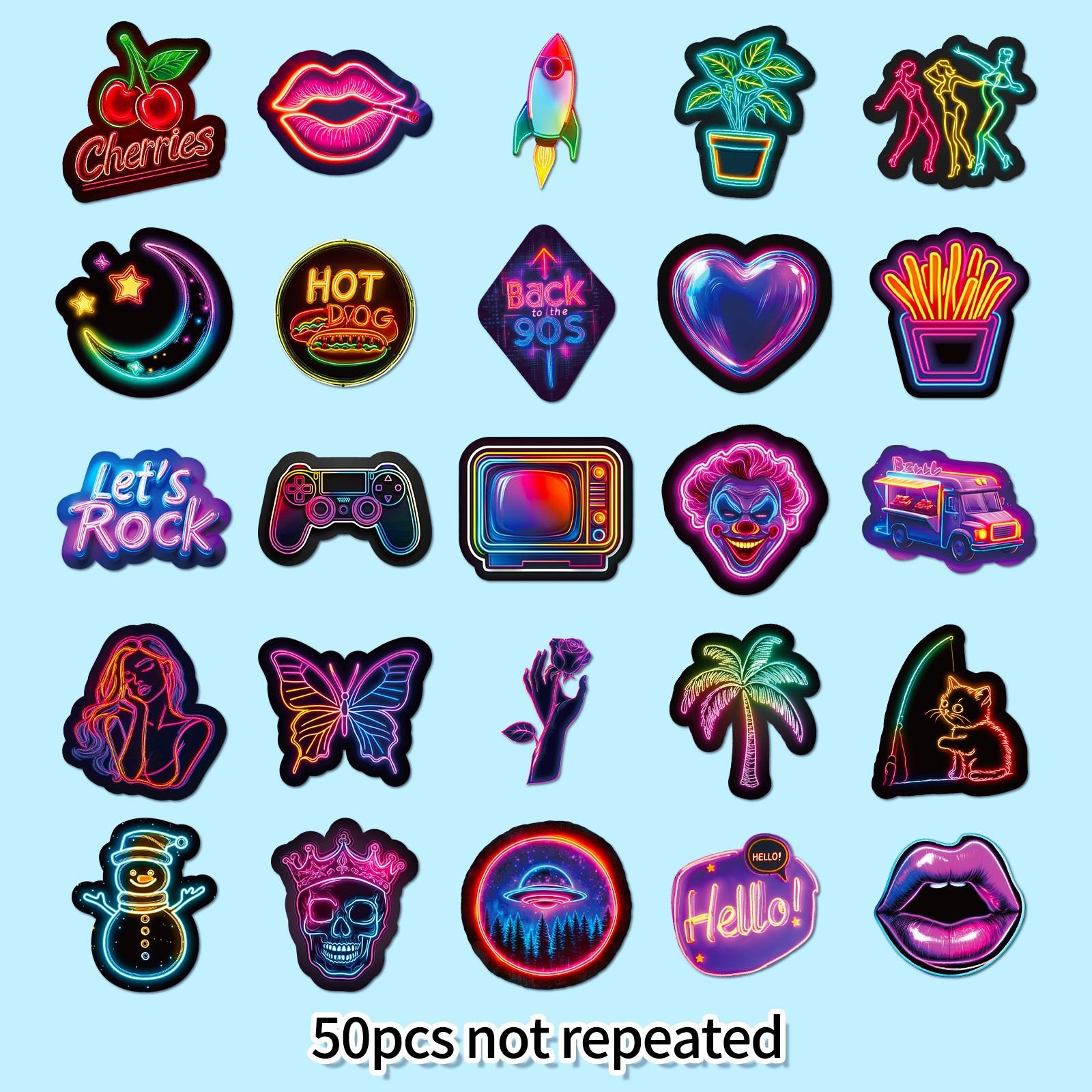 50 Sheets Creative Neon Graffiti Stickers for Luggage & Laptop Decals, Unique Non-Repeating Designs, Perfect Decorations