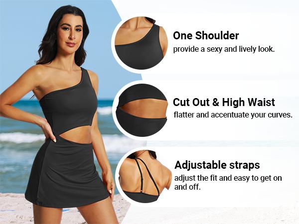 Daci One Shoulder Swim Dress - Cutout One Piece Swimsuit Women with Skirt Tummy Control Bathing Suit