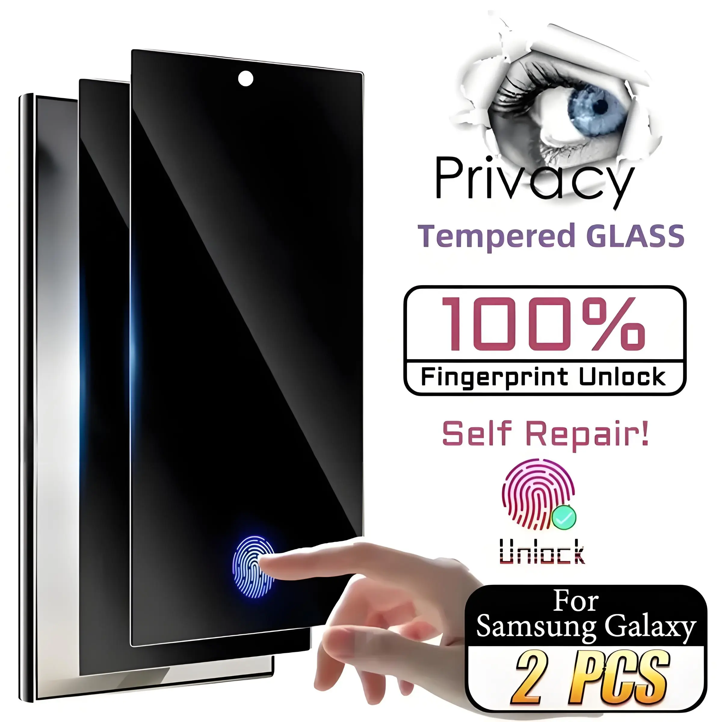 2pc Full Coverage Privacy Tempered Glass for Samsung Galaxy S26 Ultra/S26 Plus/S25 Ultra/S24 Ultra/S25/S24/Plus/S23/S22/S23+/S22+ 9H Tempered Glass Screen Protector, Fingerprint Unlocking, Case Friendly, Anti-Fingerprint, Bubble Free