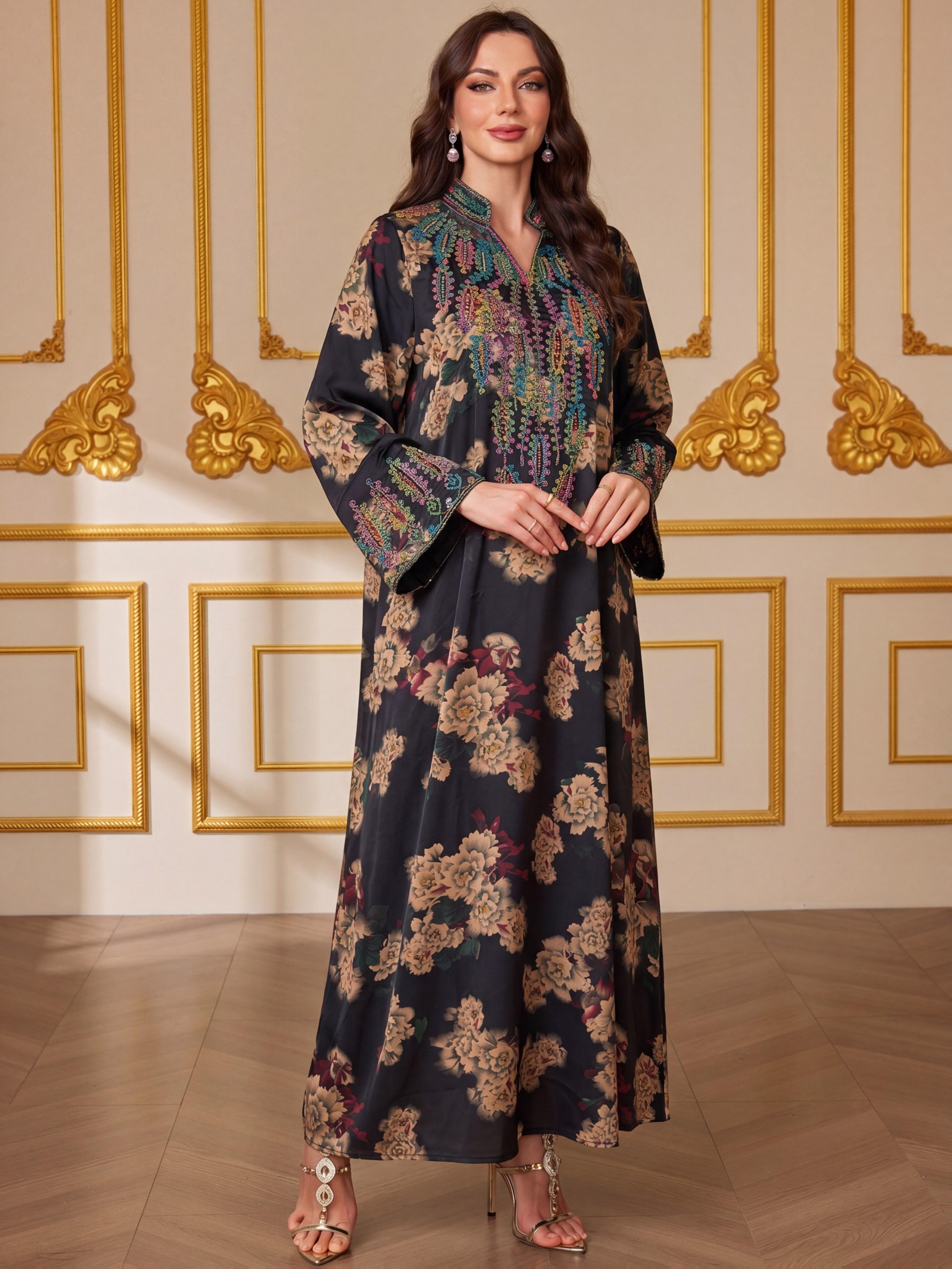 Middle Eastern Muslim Fashion Abaya, V-Neck Embroidered Ethnic Long Sleeve Islamic Embroidery Abaya Dress, Modest Style, All Seasons Fitted Glossy Fabric, 103375 Model