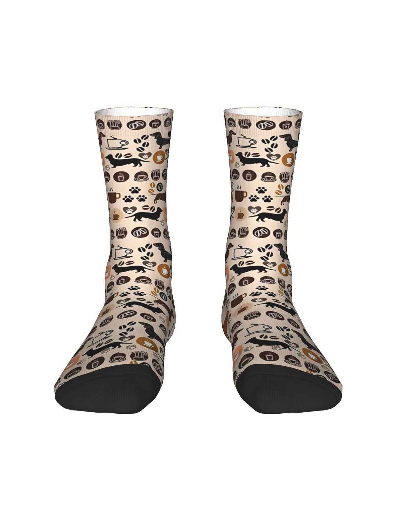 1 Pair Funny Happy Men's compression Sock Dachshund And Coffee Pattern Vintage Harajuku Hip Hop Novelty Seamless Crew Crazy Sock Gift Printed Christmas Halloween