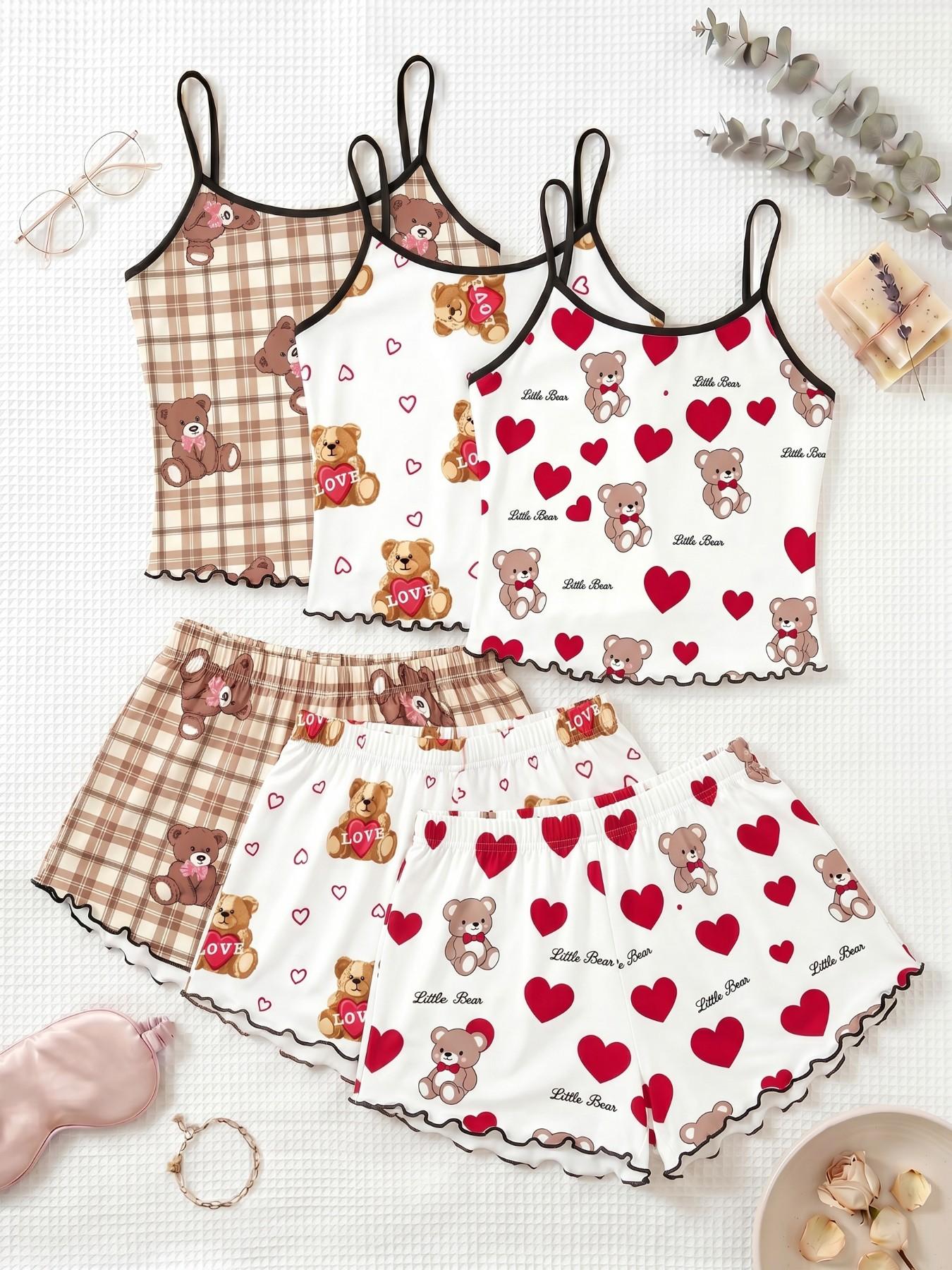 Cherry Print Halter Short Pajamas Set, Trim Ruffle Design, Sweet Cool Girl Style, Breathable Home Sleepwear, 3-Piece Combo