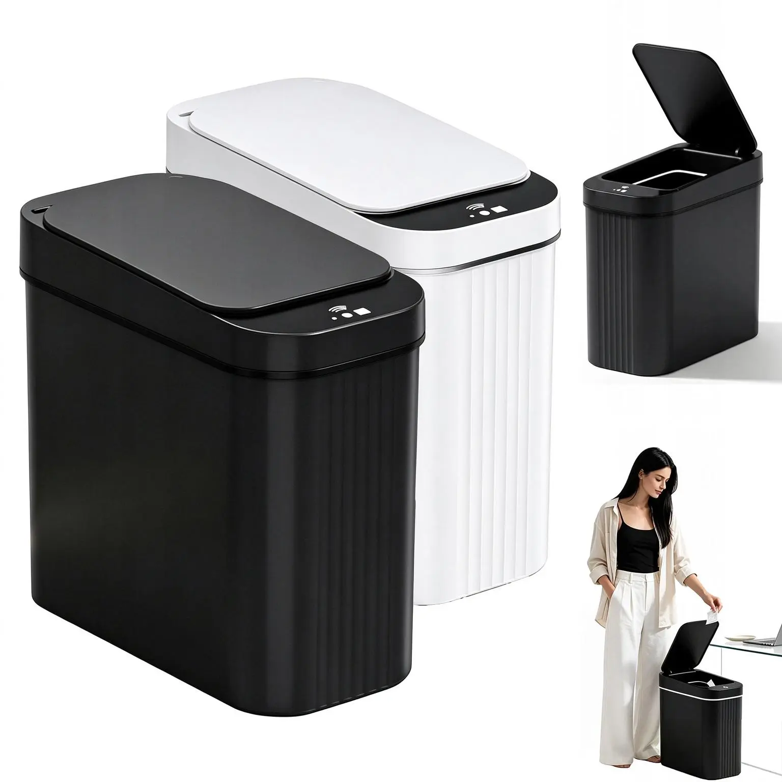 2-Pack Automatic Smart Sensor Trash Can - Waterproof Plastic Hands-Free Indoor Bin for Kitchen Home Waste Management Supplies