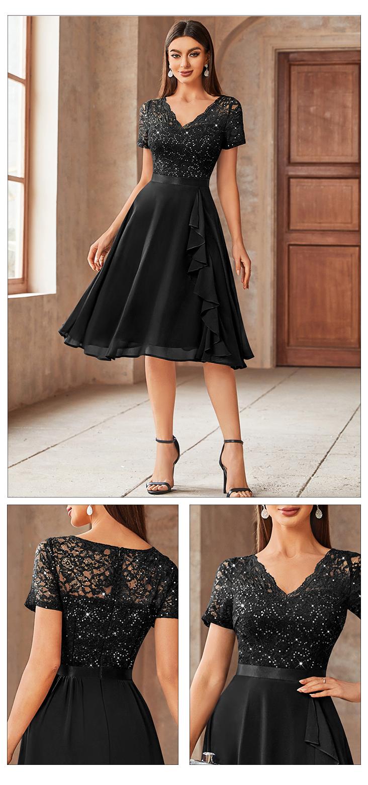 MIUSOL 24224 VNeck Contrast Lace Solid Shortsleeve Sequin Insert Ruffle Trim Chiffon Cocktail Party Swing Dress