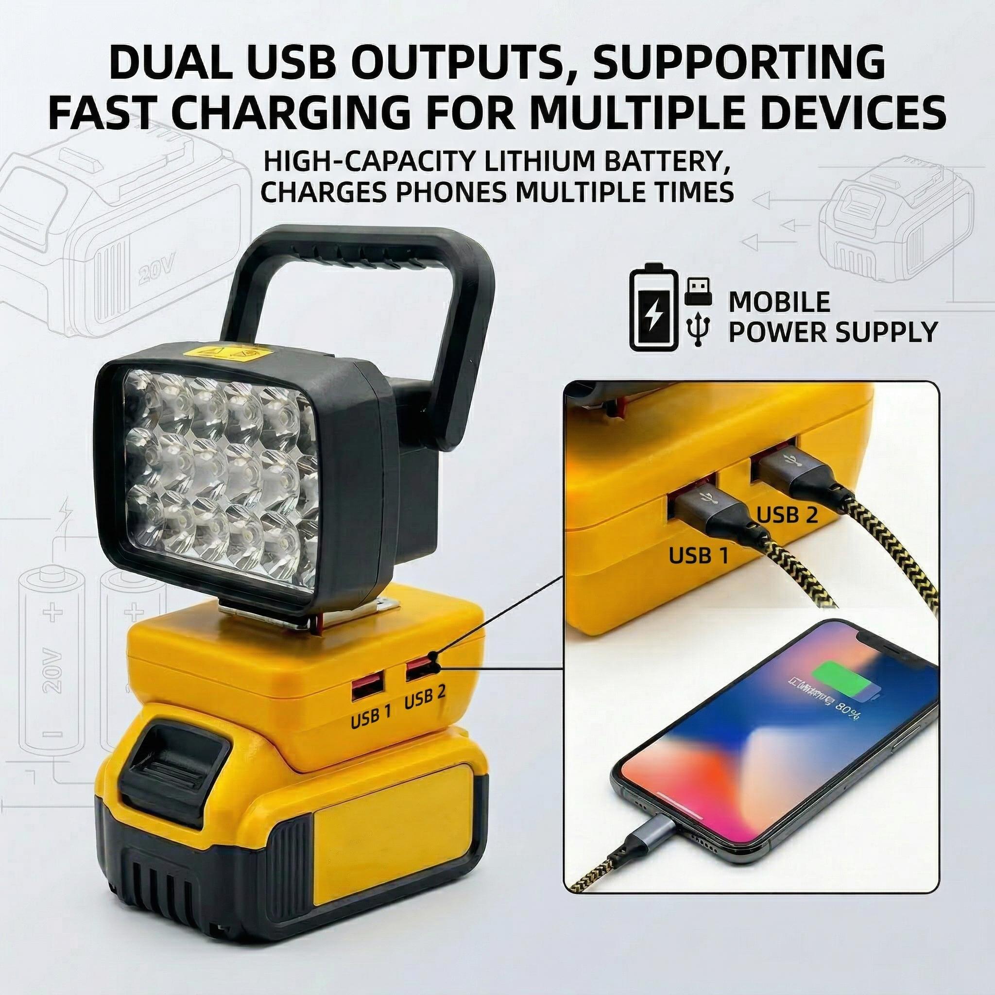 18 LED Work Light Spotlight USB Output, Compatible with Dewalt 18-20v Dcb200 Battery, Portable and Efficient Lighting Solution