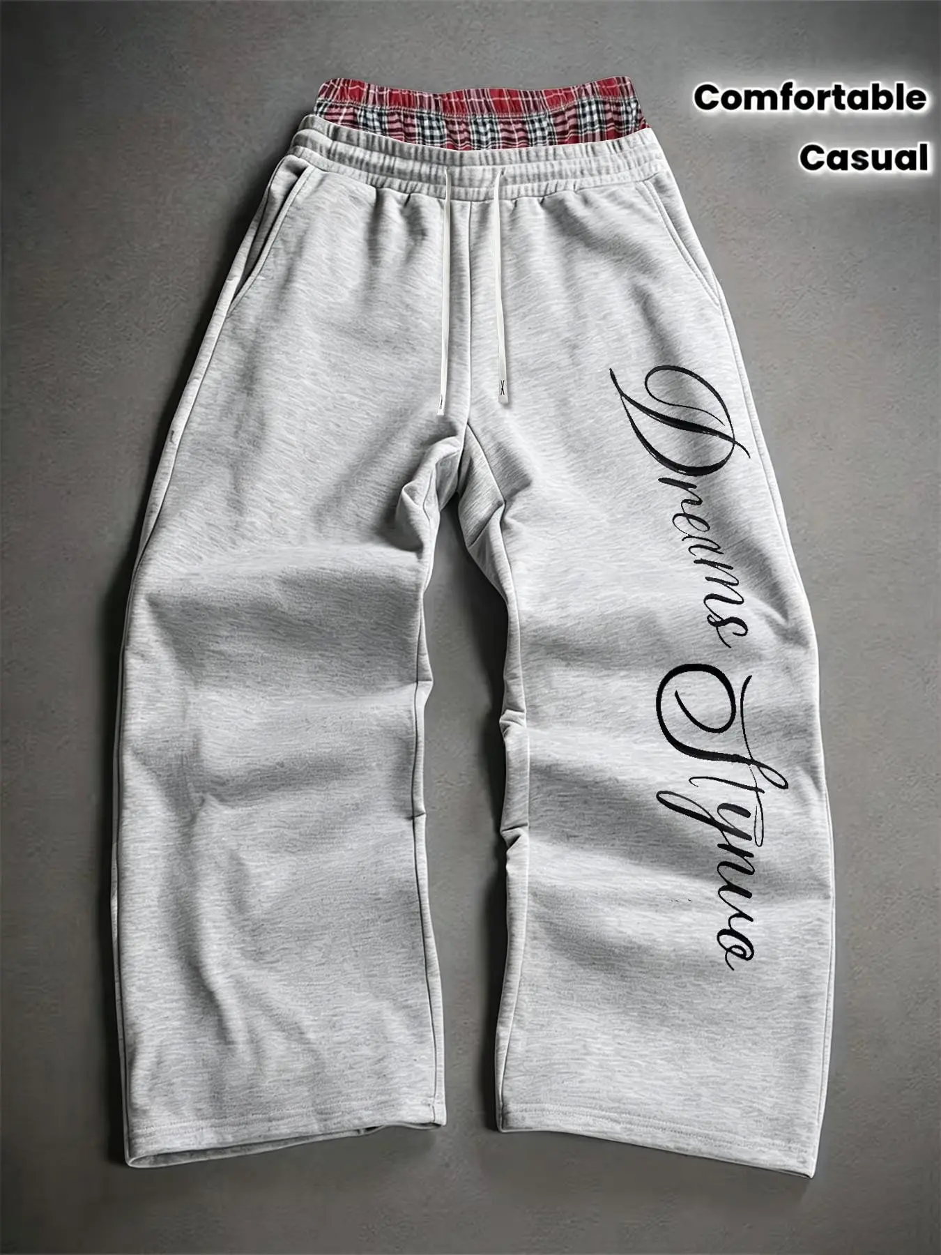 Men's American Style Fake Two-Piece Wide Leg Oversized Sweatpants, Double Layer Waistband, Plaid/pure, Handwritten English Print, Loose Fit, Spring & Fall