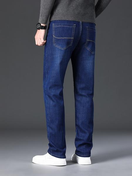 Men's Thickened Winter Fleece Jeans, Hi Rise Jeans, Loose Straight Leg High Waist Casual Elastic Pants, Warm Long Denim Trousers for Fall & Winter