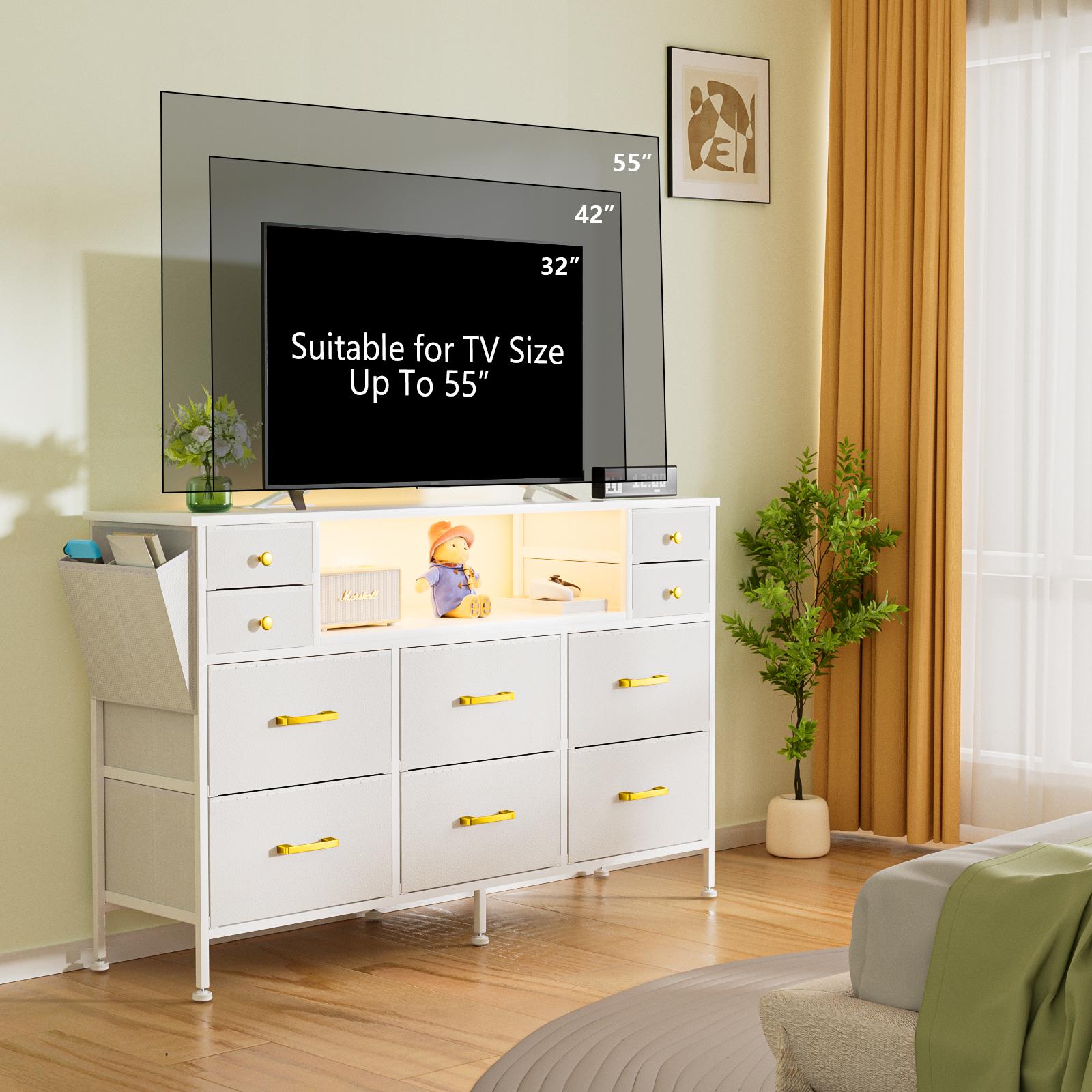 10-Drawer Dresser with Charging Station & LED Lights – Fabric Storage Organizer with Faux Leather Front, TV Stand for 55" TV, USB Ports, Side Pockets & Hooks, for Bedroom, Closet, Entryway, 47.2" W