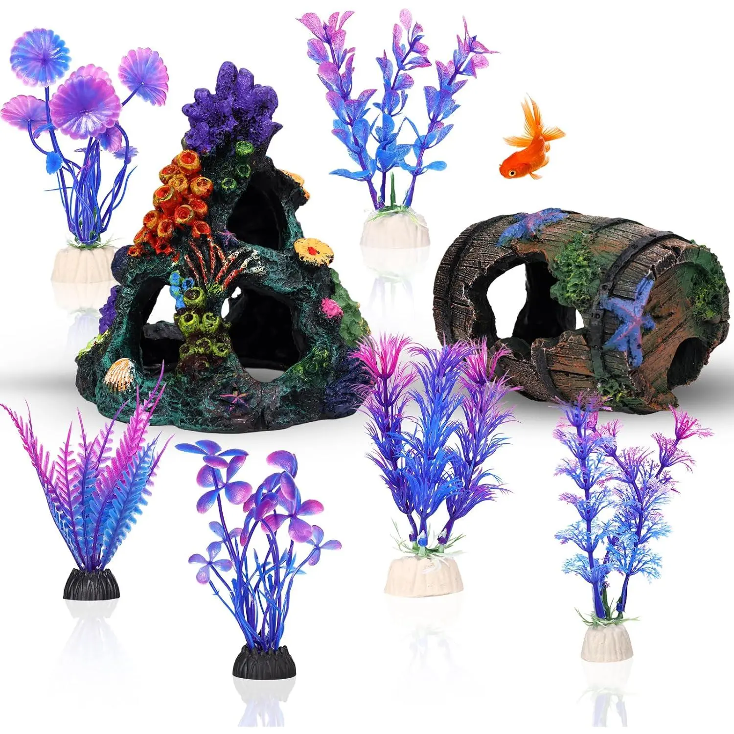 Decorative Colorful Coral Reef Aquarium Decor Set for Betta Fish - 1 Coral Mountain, 1 Starfish Barrel, 6 Aquarium Plant Accessories