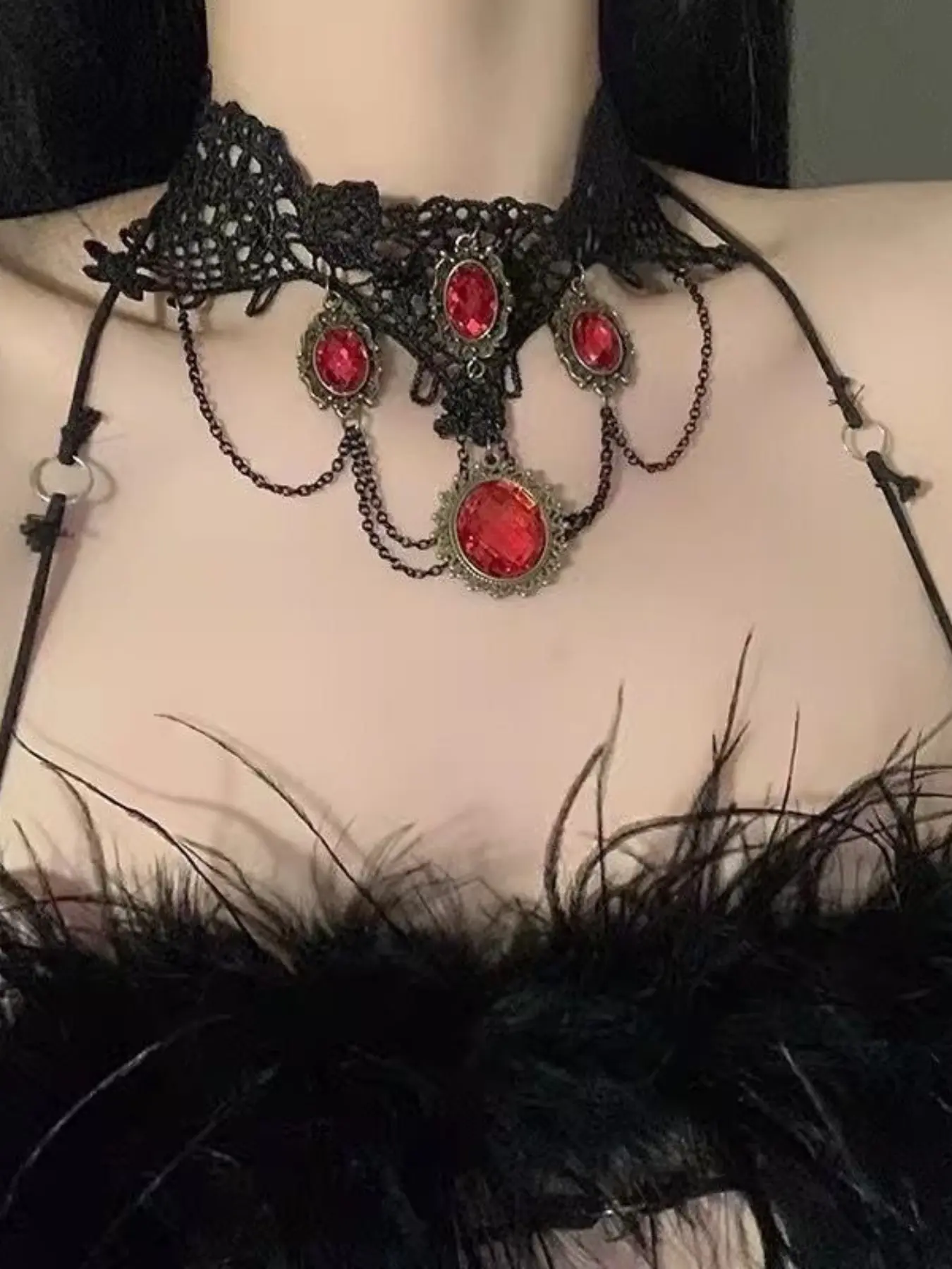 Vintage Court Necklace, Gothic Halloween Dark Princess Lace Choker, Unique Chain Print Accessory, Party Style, All Seasons