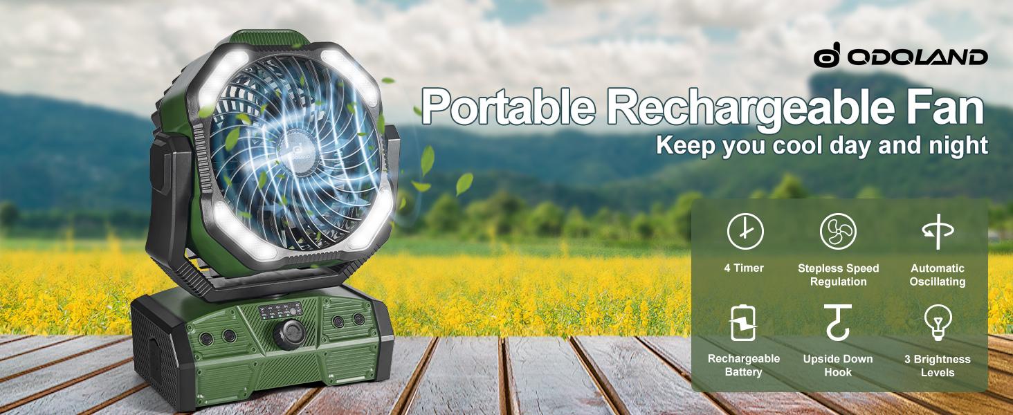 Odoland 40000mAh Camping Fan with LED Light, Battery Operated Oscillating Desk Fan with Remote & Hook, Rechargeable Outdoor Tent Fan with Timer for Hurricane Power Outage Travel Jobsite RV