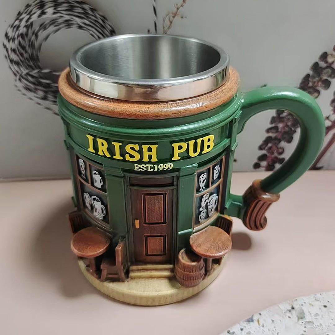 Irish Theme Tree Mug, Stainless Steel & Resin, Clover Pattern, Durable Tea Cup, Ideal for Irish Bar Decor, Moving Gift, St Patrick's Day Present