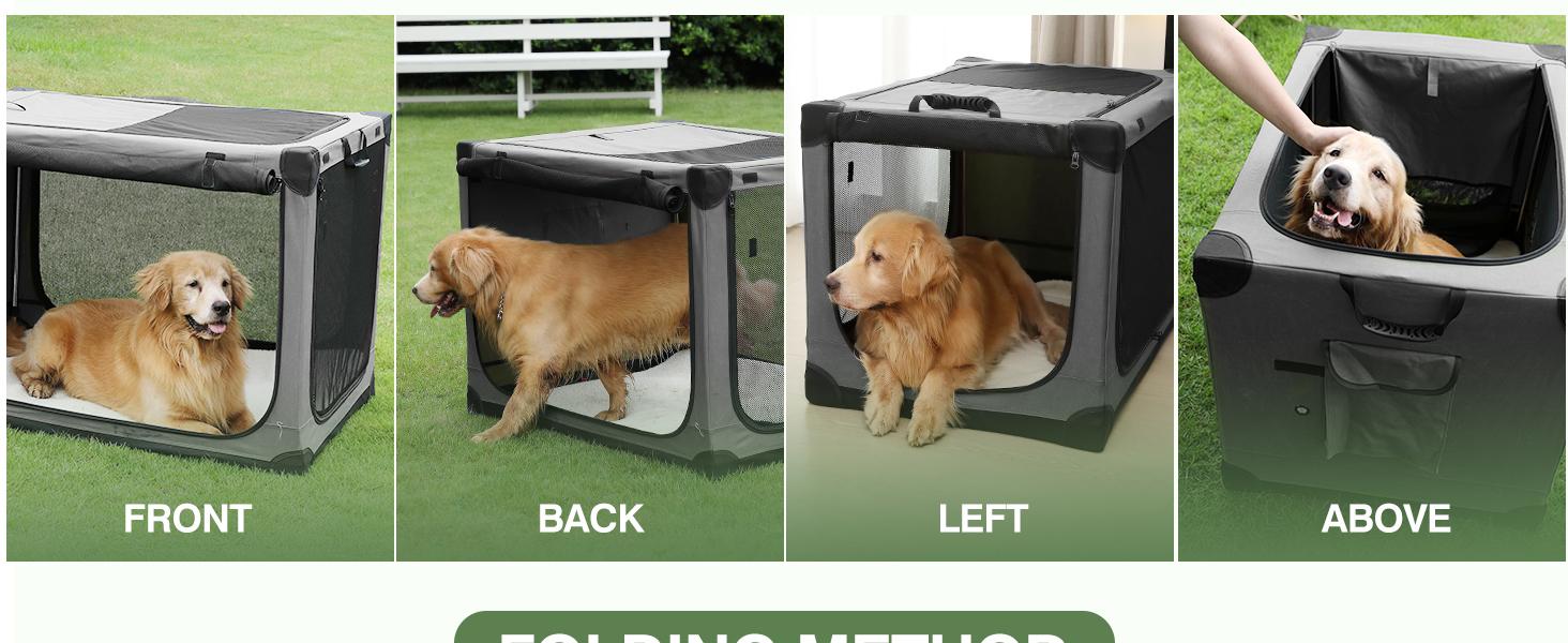 Collapsible Travel Dog Crate for Medium Large Dogs, Portable Oxford Cloth Dog Crate 4-Door Foldable Soft Kennel with Chew-Proof Mesh Windows for Indoor & Outdoor Travel,with Storage Bag,Grey