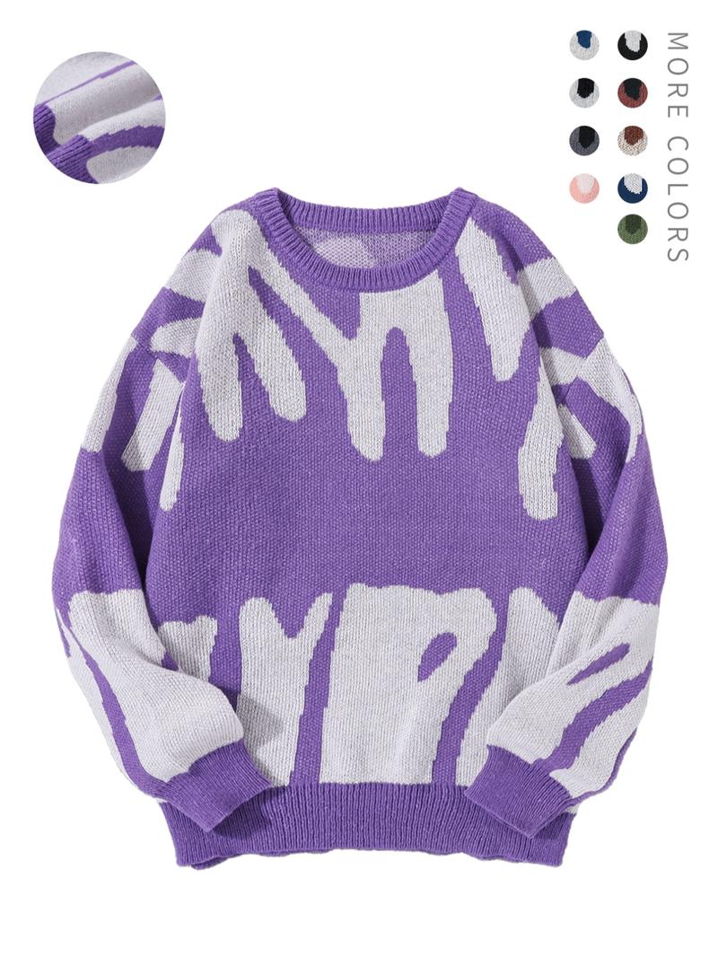 Unisex Men's Round Neck Drop Shoulder Hip Hop Sweater, Regular Fit All Over Print Long Sleeve Knitting Pullover, Drippy Outfits, Going Out Outfit