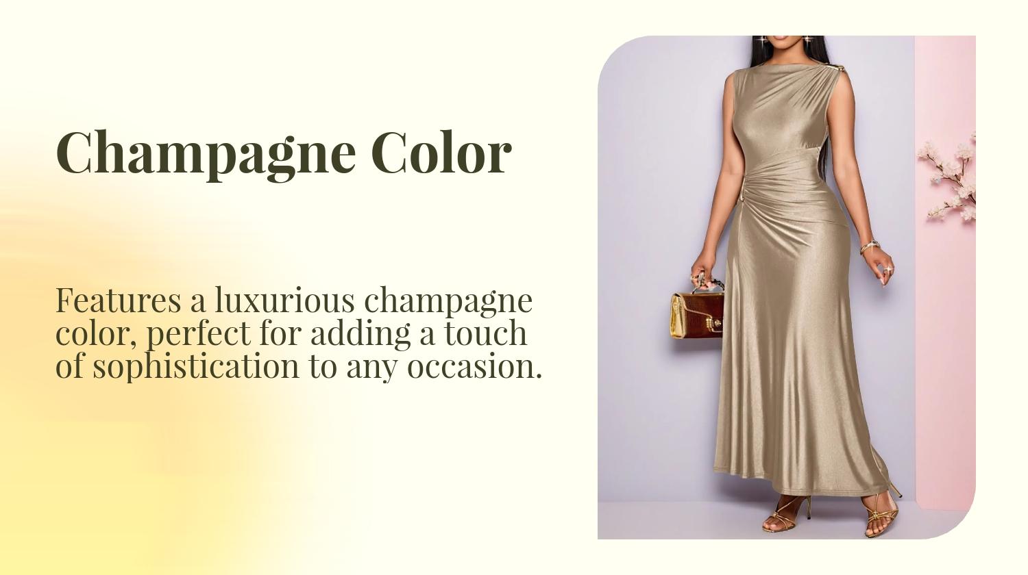 Champagne Color Asymmetric Metal Button Dress, Sleeveless Long Dress, Slim Fit, Elegant Evening Gown, Party Wear, Office Style, Yhsp105