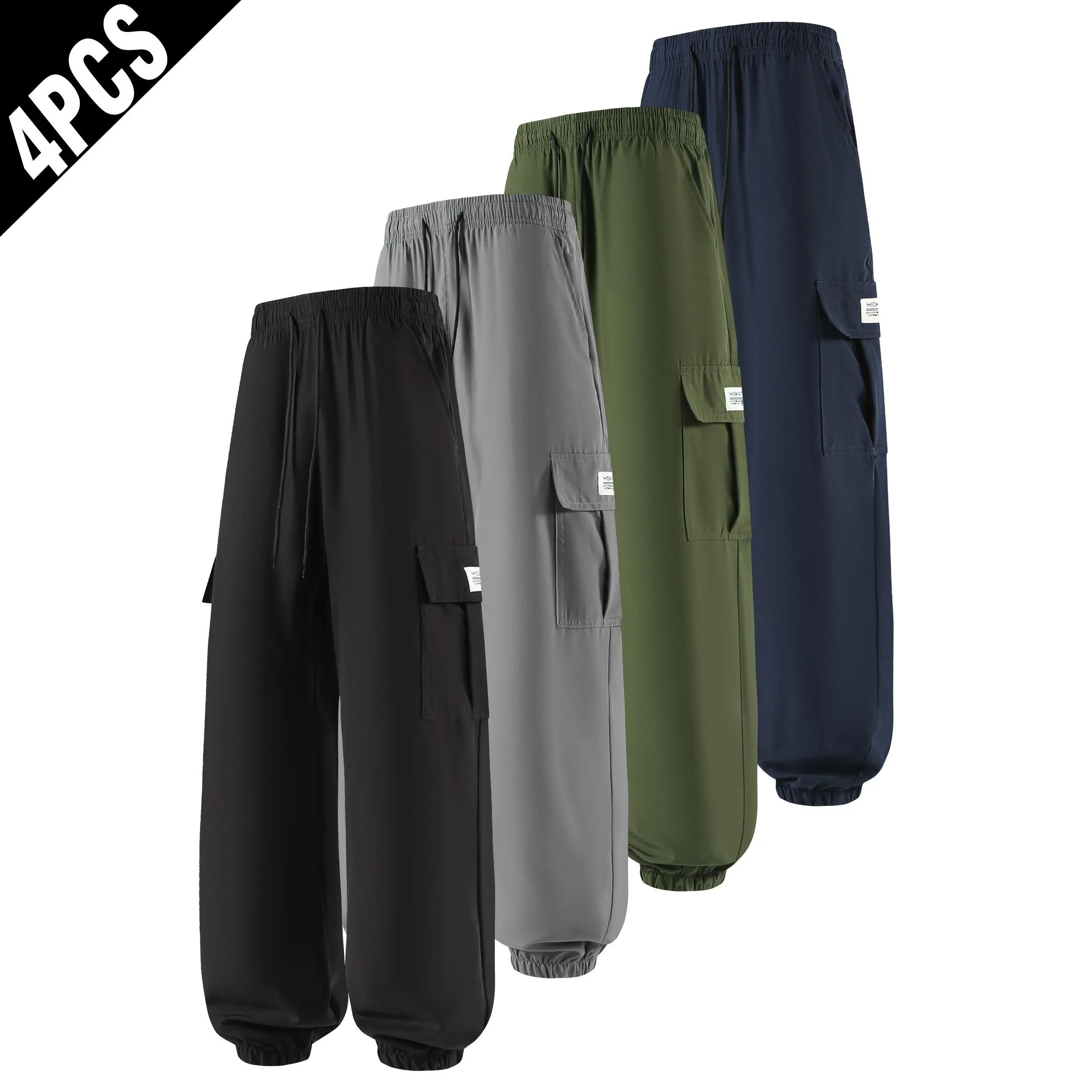 Men’s 4-Pack Label Patch Multi-Pocket Jogger , Menswear, Drawstring Elastic Waist, Ankle Cuffed, Loose Fit Streetwear Casual Utility Trousers sport pant bottom male clothes clothing mens outdoor training pant solid tactical work pant