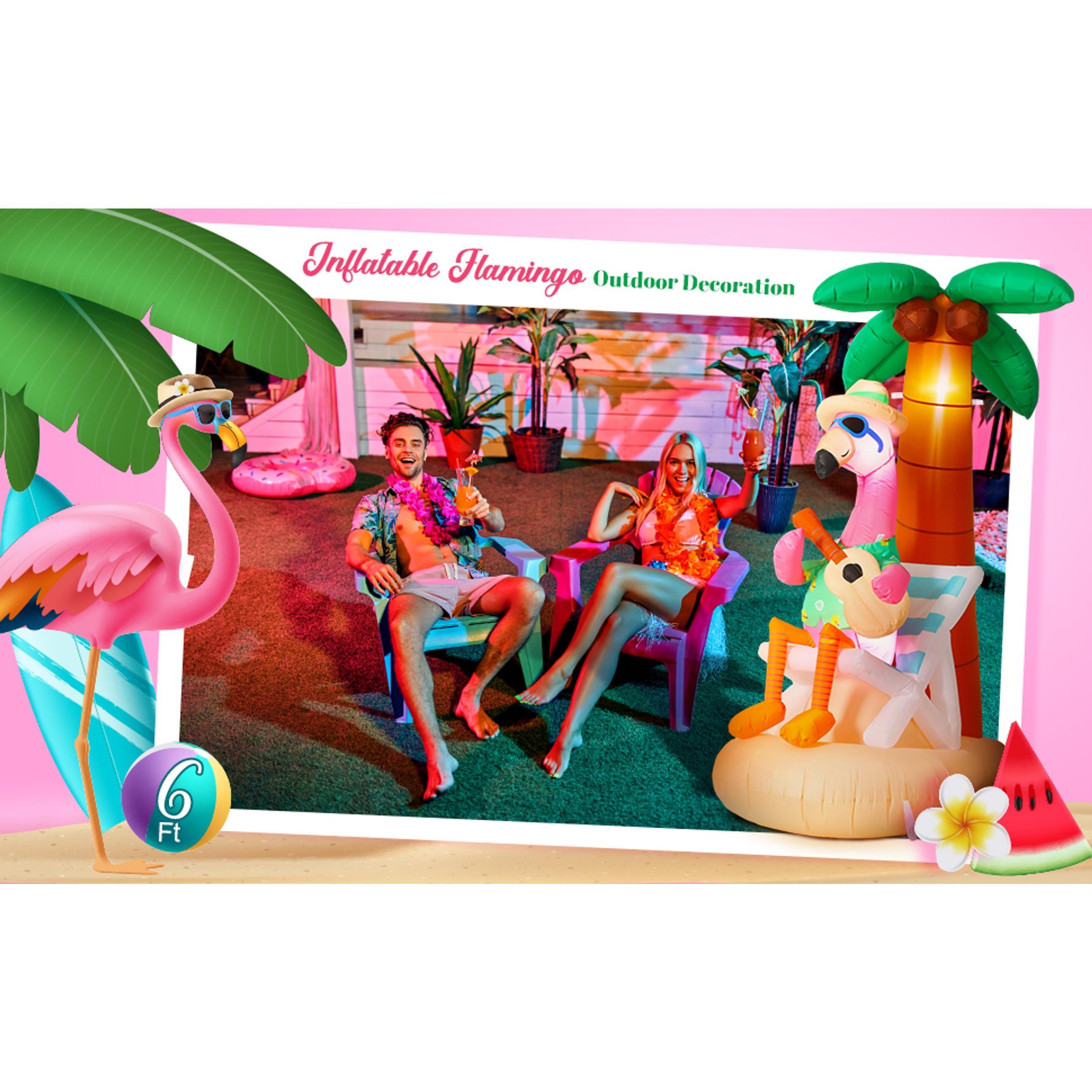 6 ft Inflatable Flamingo with Coconut Tree, Bright LED Lights, Built-in Blower & Plugs - Easy Installation Aloha Luau Decor for Outdoor Home Garden Pool Beach Party (Pet-Friendly Outdoor Celebration Accessory), Hawaiian, Colleagues, Family, Beach Chair
