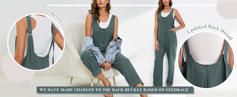 Ommig Women's Overall Linen Cotton Jumpsuit Loose Casual Jumper with Pockets