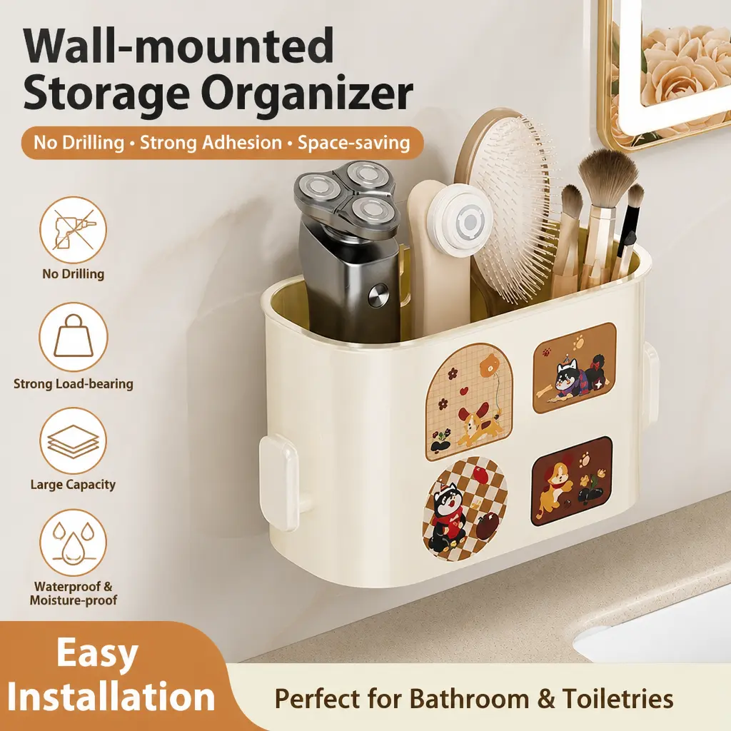 Bathroom wall-mounted storage organizer without drilling, for combs and toiletries, wall-mounted storage box and shelf