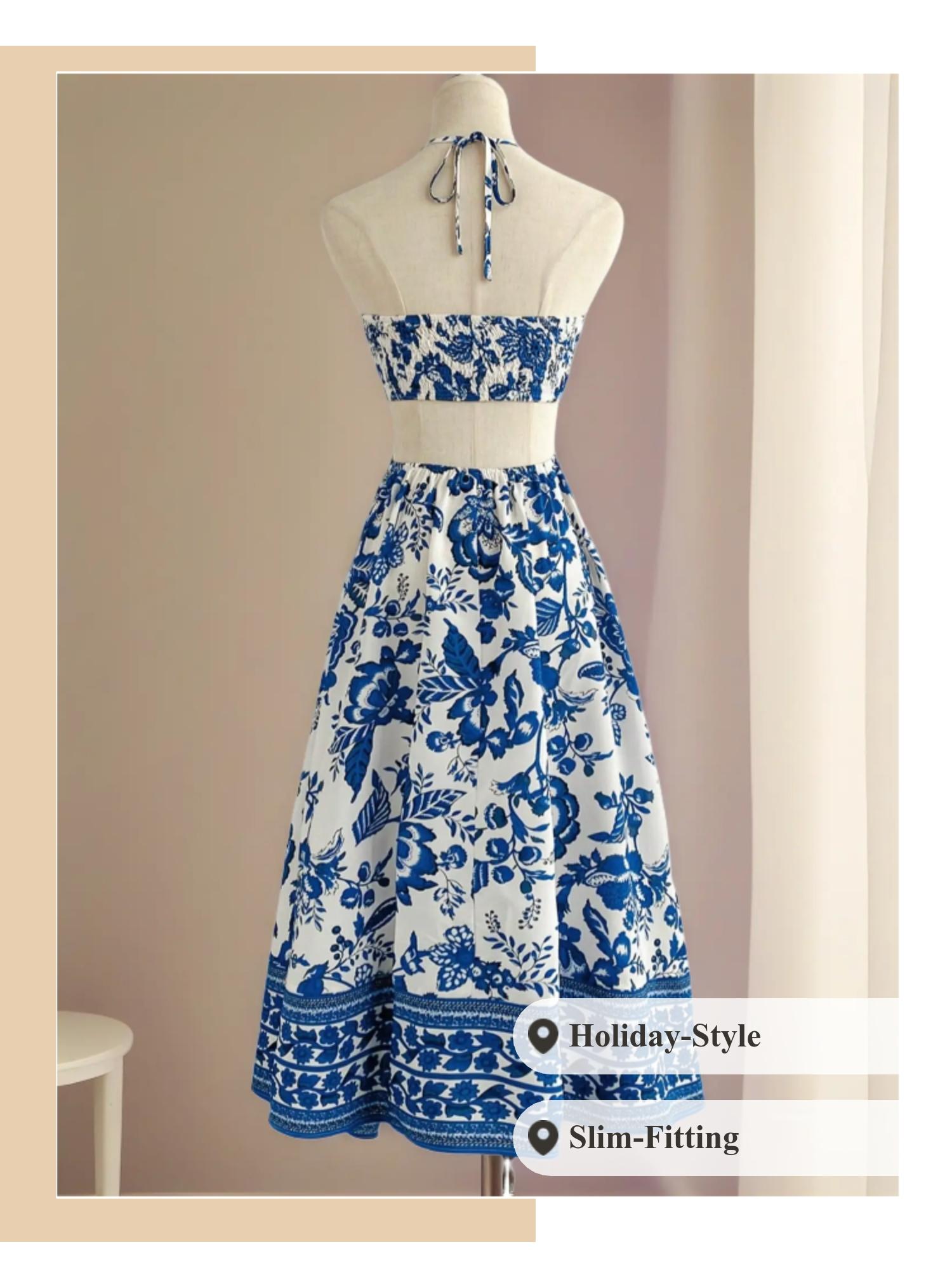 Women's Blue Ethnic Floral Halter Dress, Bohemian Style, Slim-Fitting, Lace-Up Hollow Out Waist, Casual Holiday Wear