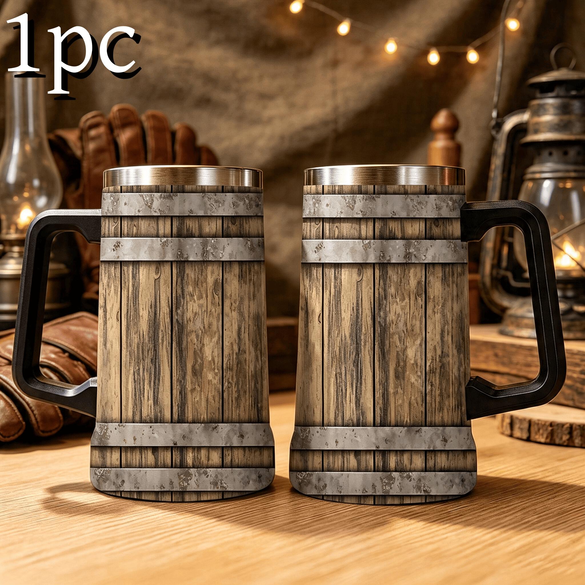 1pc 24oz Barrel Texture Stainless Steel Beer Mug With Big Handle, Vintage Rustic Wood Barrel Print Double Wall Insulated Travel Coffee Beer Cup, Leakproof Large Capacity Water Tumbler For Bar Pub Camping, Retro Western Gift For Men Beer Lovers