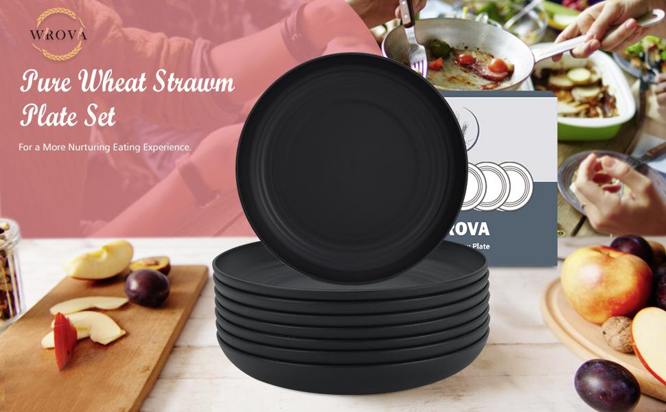 Wheat Straw Plates - 8 Inch Unbreakable Dinner Plates Set of 8 - Dishwasher & Microwave Safe Plastic Plates Reusable - Lightweight Plates for kitchen,R.V (pure black)