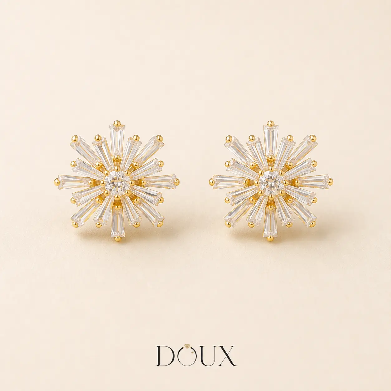 DOUX Clear Crystal Starburst Stud Earrings for Women – Gold-Tone Baguette Sunburst Jewelry