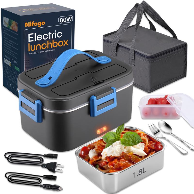 Nifogo Electric Lunch Box for Adults 80W Food Warmer Lunch Box 1.5&1.8L Stainless Steel Container&Bag Tableware 12V/24V/110V for Car/Truck/Work