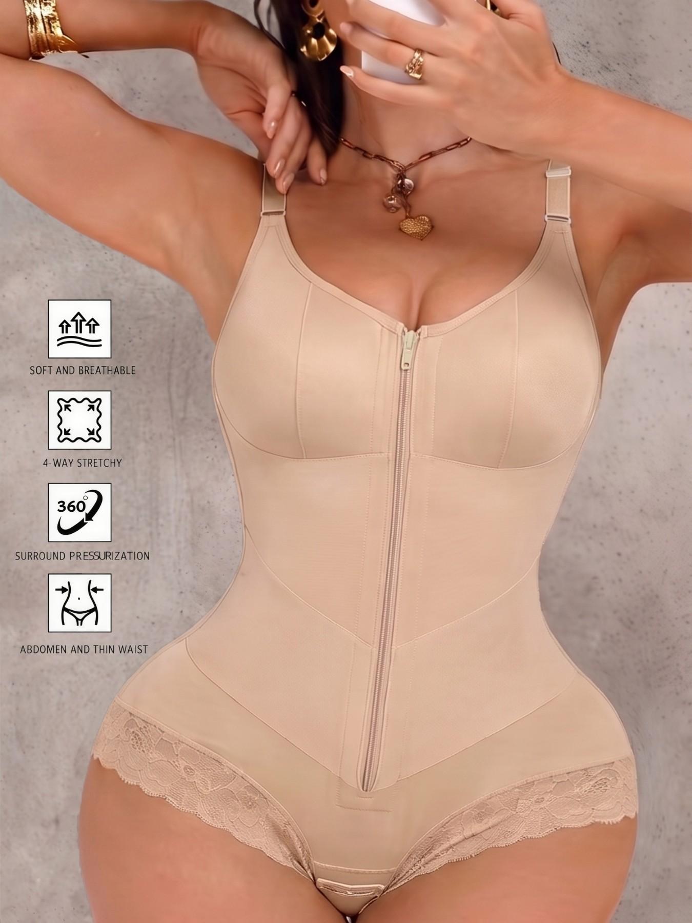 1 Count Women's Solid Color Bodysuit, Butt Lifting and Tummy Control Fitted Compression Shapewear, Fajas, Lace Antislip Hooks Crotch Closure, Colombian Shapewear, V-Belt High Compression Design, Suitable for Parties & Yoga