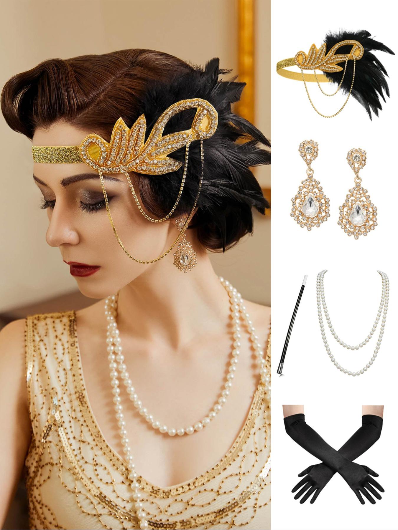 5PC/Set 1920s Flapper Set for Women,Roaring 20s Headband Headpiece Costume Accessories for Halloween Party Cosplay