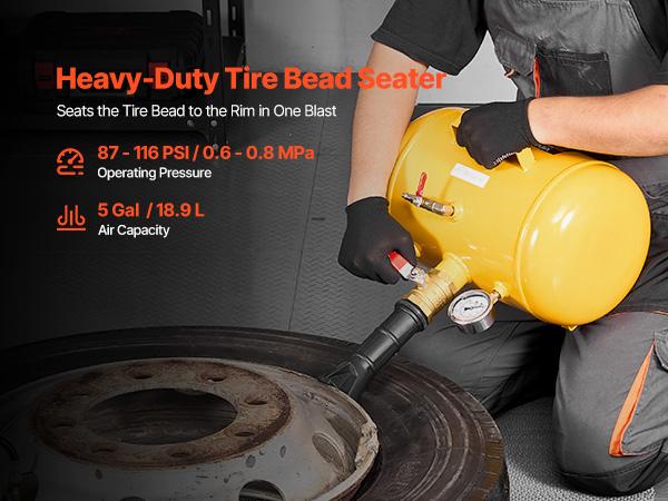 VEVOR Air Tire Bead Seater, 5 Gal/ 18.9 L, Heavy Duty Tire Bead Blaster Tool, 87-116 PSI Operating Pressure, Air Trigger Seating Inflator for Pickup, Truck, ATV, Jeep, Van, Lawn Tractor, RV, Yellow