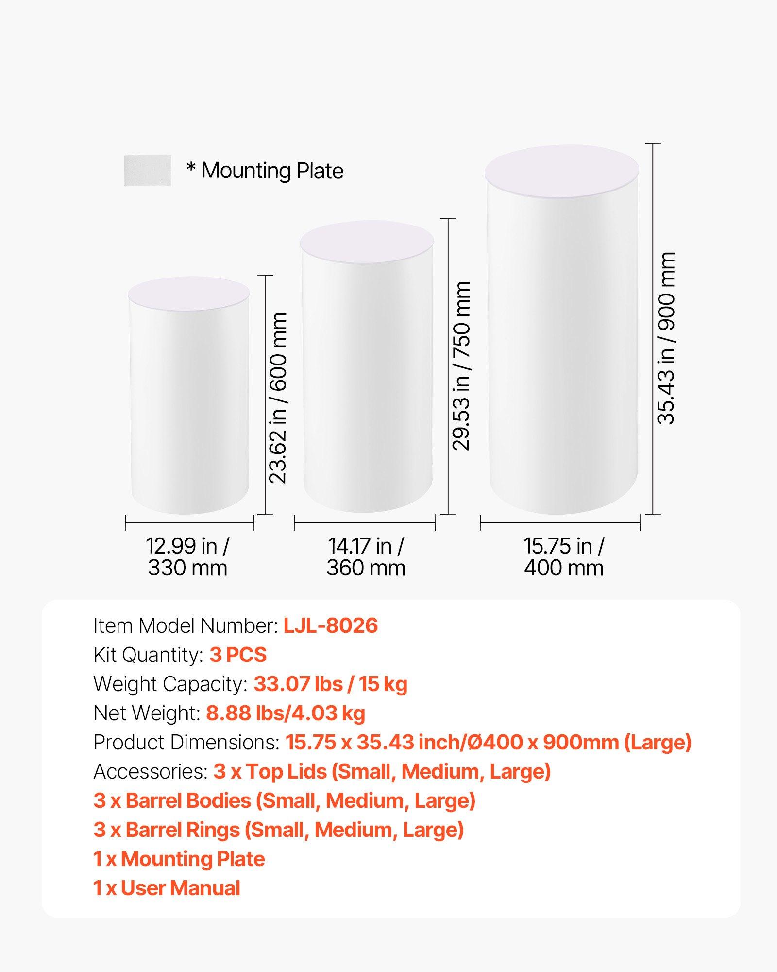 VEVOR Wedding Flower Stand, 3PCS 23.62/29.53/35.43 inch Round Cylinder Plinth, White Pedestal Stand with PVC Lid, Cylindrical Pedestal Stands for Wedding, Party, Birthday, Art Decor, 33.07 lbs Load VEVOR Wedding Flower Stand, 3PCS 23.62/29.53/35.43 inch Round Cylinder Plinth, White Pedestal Stand with PVC Lid, Cylindrical Pedestal Stands for Wedding, Party, Birthday, Art Decor, 33.07 lbs Load
