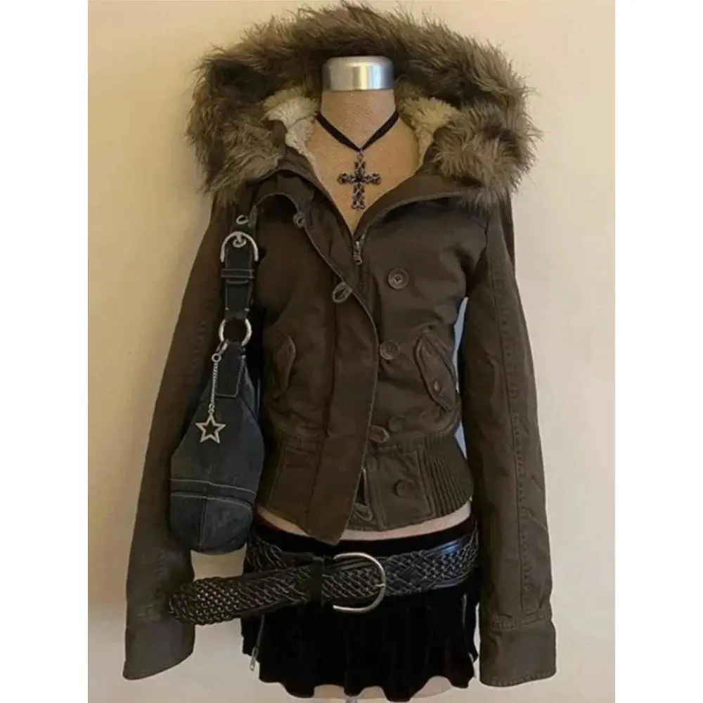 Subculture Harajuku Vintage Safari Coats with Hooded Women Zipper Sweatshirts Casual Streetwear Grunge Jacket Y2k Stand Neck