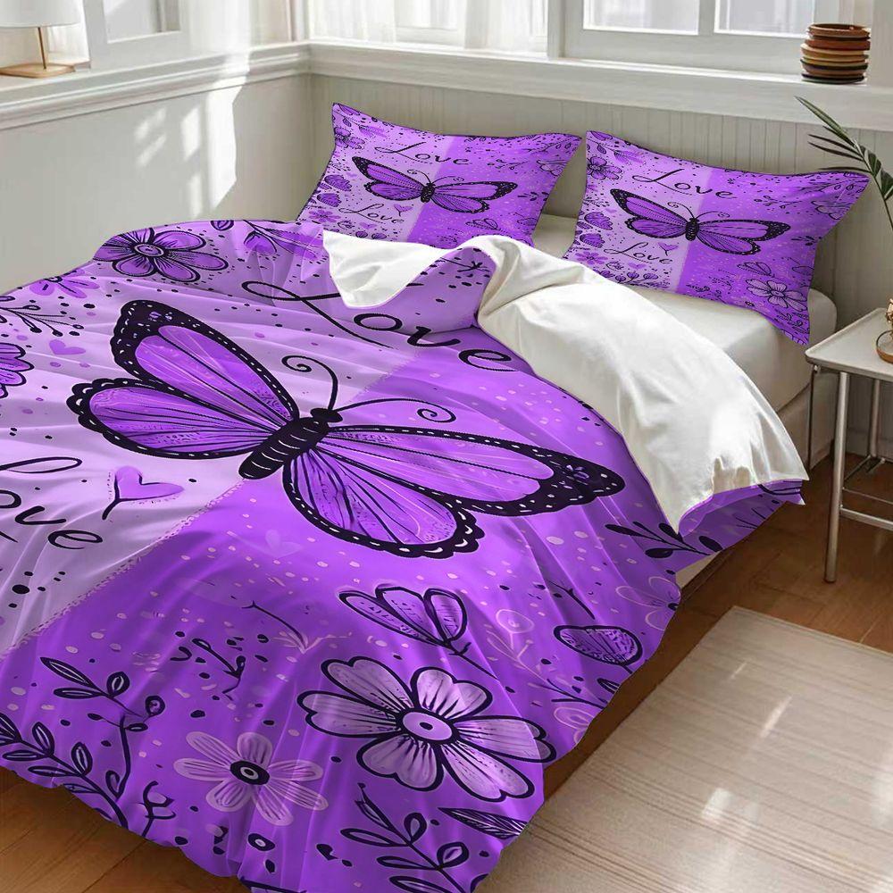 2/3Pcs Whimsical Purple Butterfly Duvet Cover Set, Romantic Floral Design Bedding Set, Soft Microfiber Material, Perfect for Dreamy Bedroom Decor, Love-Themed, Intricate Hand-Drawn Details, Includes 1 or 2 Pillowcase - No filling/Zipper Closure