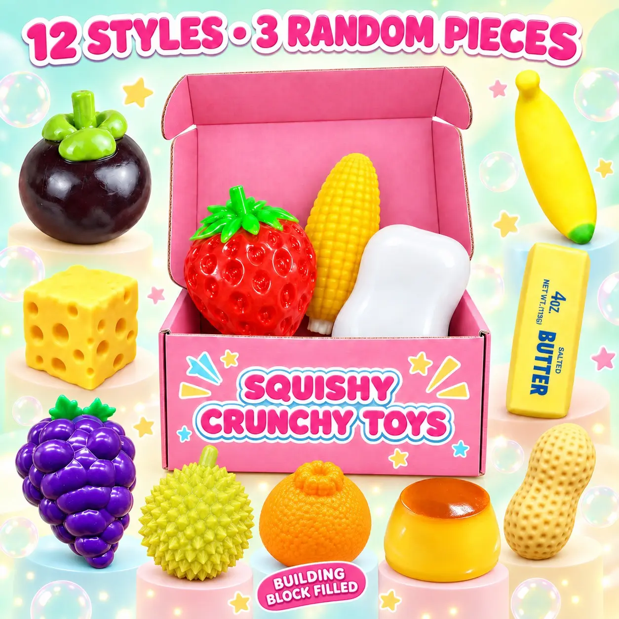 3 PCS Crunchy Squishy Mystery Set, 3 Random Food-Shaped ASMR Squeeze Stress Balls, Crunchy Block Clay Filled Sensory Fidget Toys with Satisfying Crunchy Sound, Moldable Desk Toys, Party Favors and Gifts for Teens Adults