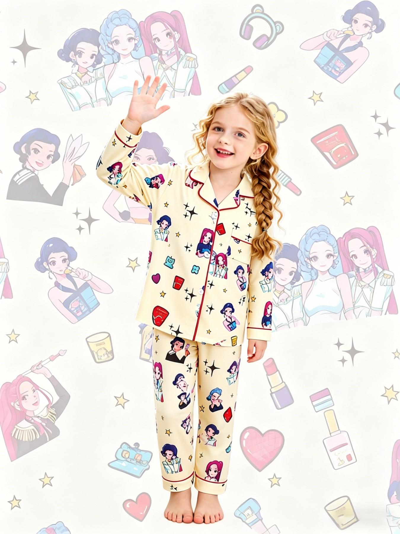 2-piece children's set featuring full-body K-pop cartoon girl prints, short sleeves, shorts with soft and comfortable top, small pockets, lapel design, elastic waistband, suitable for year-round home wear, casual leisure children's pajama set