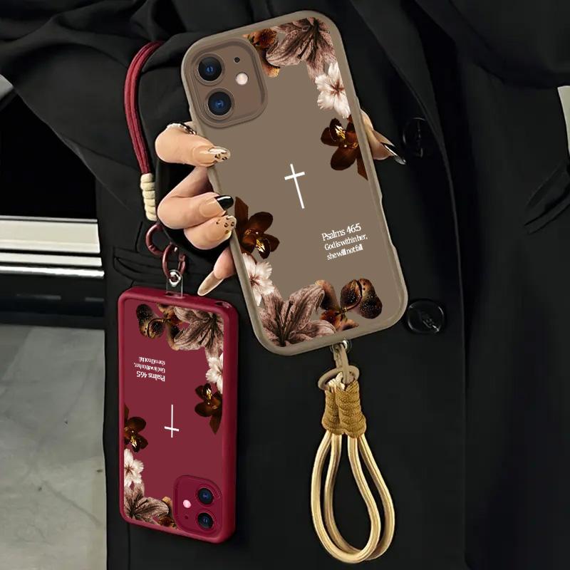 Vintage Floral Aesthetics Lanyard Phone Shell Christian Psalms 46:5 Cross for 【iPhone 12】  Matte Finish Anti Drop Bumper Religious Birthday Gift For Her 666