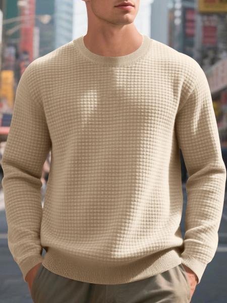 Men's White Waffle Knit Sweater, Crew Neck & Long Sleeve Design, Soft Breathable Cotton Blend for Spring Fall Casual, Office & Daily Wear – Slim Fit, Ribbed Cuffs/Hem, Thermal Texture, Classic, Crewneck