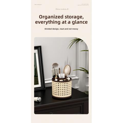 360° Rotating Pen Holder, Spacious Desktop Organizer for Students, Makeup Brush Storage Box, Independent Compartments, Vintage Style Design