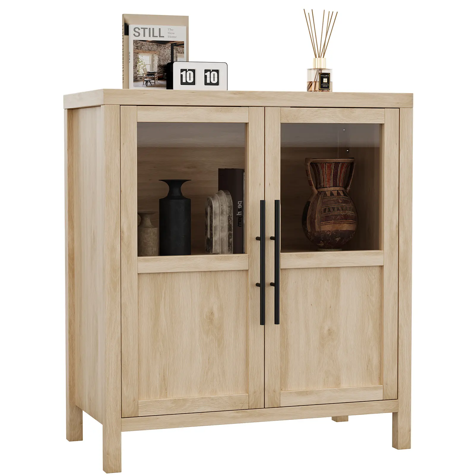 Garvee Modern Farmhouse Buffet Sideboard Storage Cabinet, 55 in - 4 Glass Doors - Interior Shelves - Wood Accent Display for Kitchen/Dining/Living Room - Coffee Bar Console