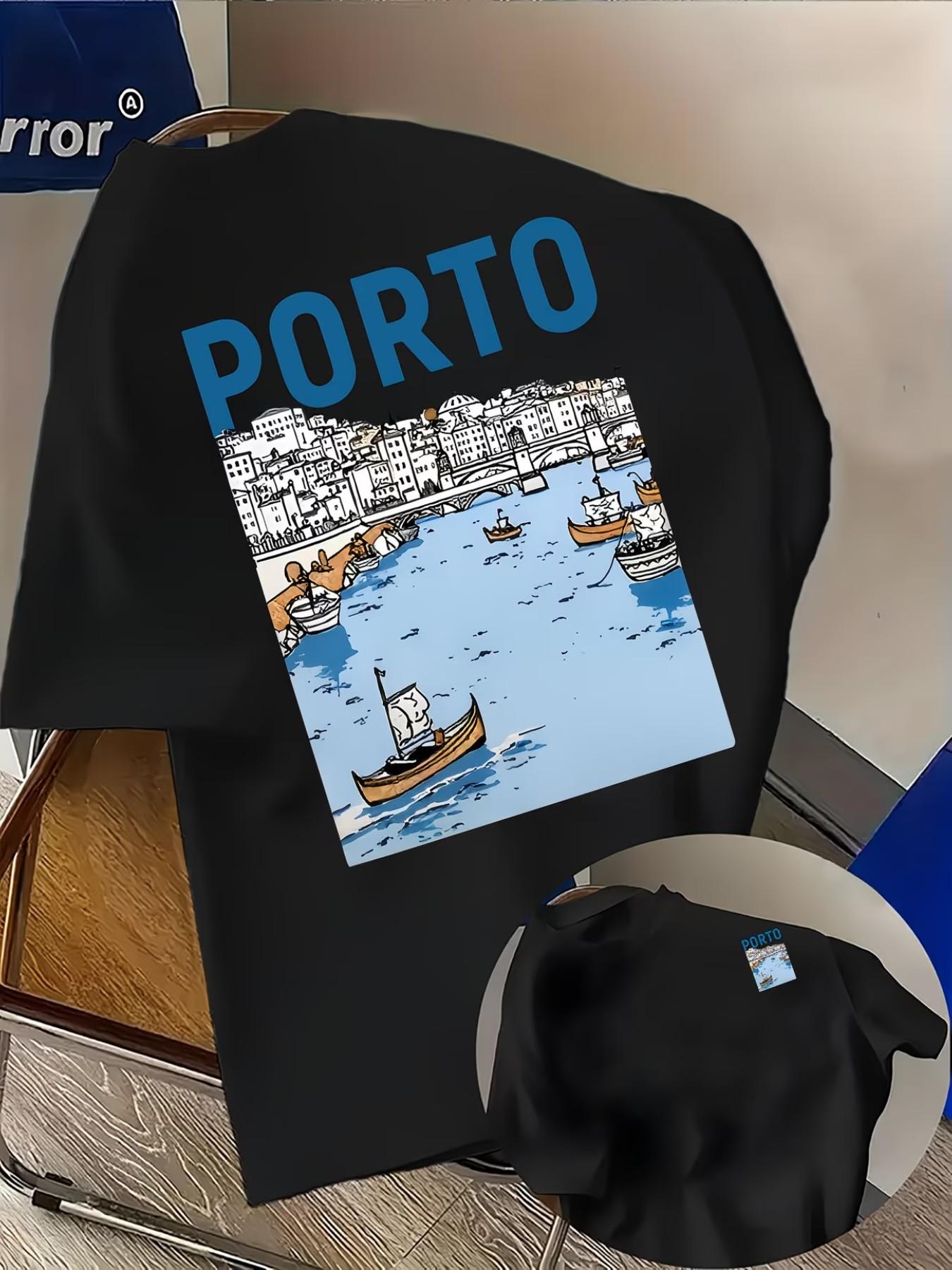 Men's Fashion T-Shirt 'porto' Letter Creative Pattern, Comfortable All Seasons, Loose Fit, Double-Sided Print